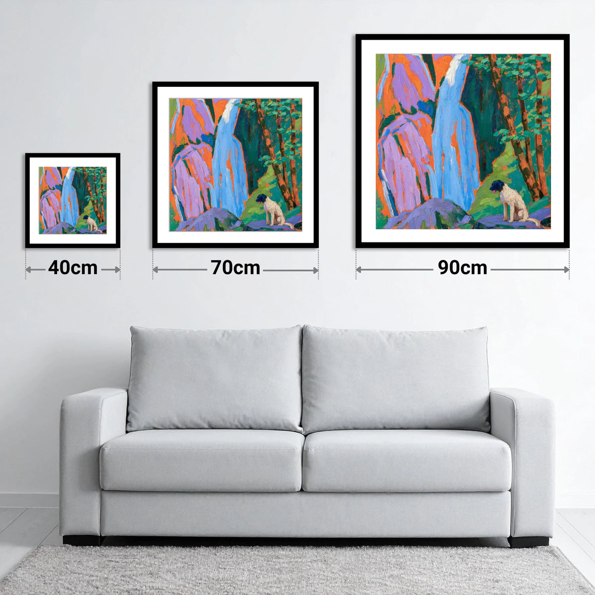 Vibrant Aira Force With Dog - size guide showing 40cm, 70cm and 90cm art prints