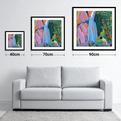 Vibrant Aira Force With Dog - size guide showing 40cm, 70cm and 90cm art prints