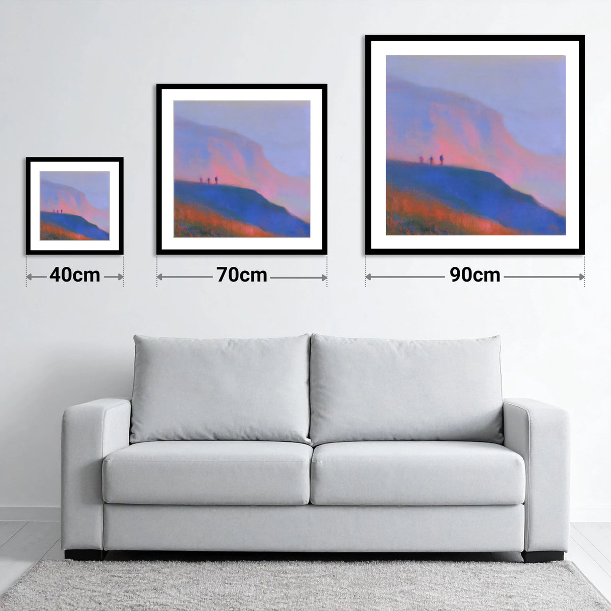 Fell Walkers in Pink Twilight - size guide showing 40cm, 70cm and 90cm art prints