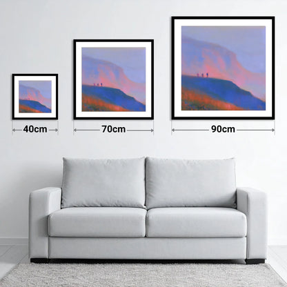 Fell Walkers in Pink Twilight - size guide showing 40cm, 70cm and 90cm art prints