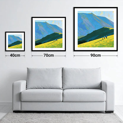 Sunlit Dog Walk Below Blencathra - size guide showing 40cm, 70cm and 90cm art prints