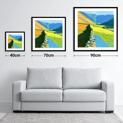 Drystone Wall Through Vibrant Valley - size guide showing 40cm, 70cm and 90cm art prints