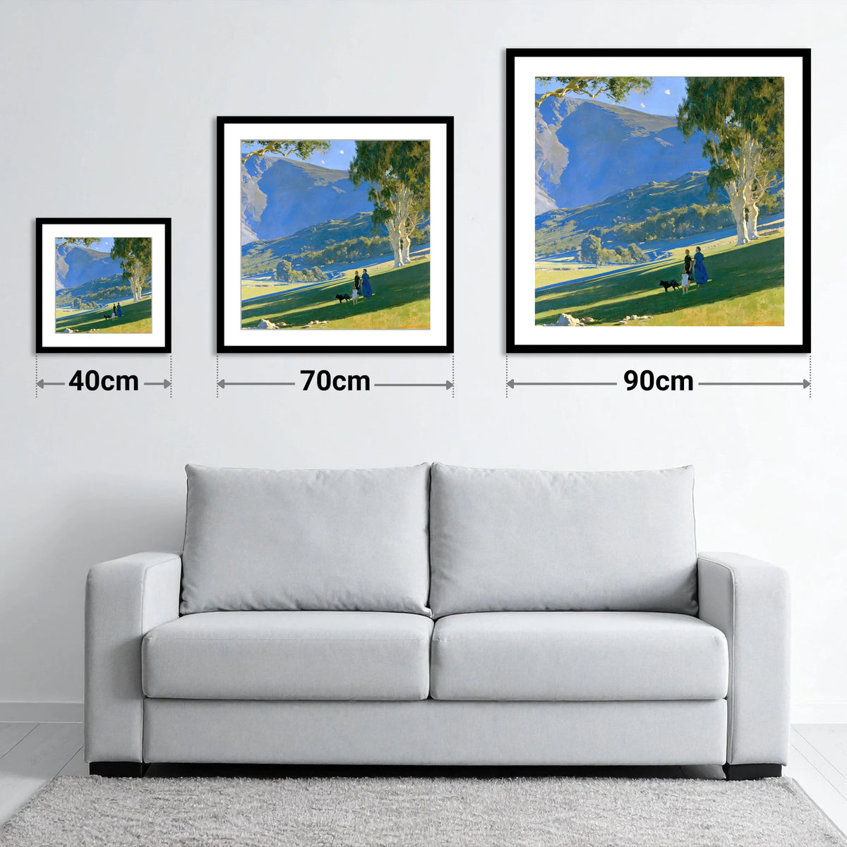 Sunlit Dog Walk in Patterdale - size guide showing 40cm, 70cm and 90cm art prints