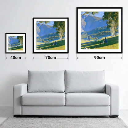 Sunlit Dog Walk in Patterdale - size guide showing 40cm, 70cm and 90cm art prints