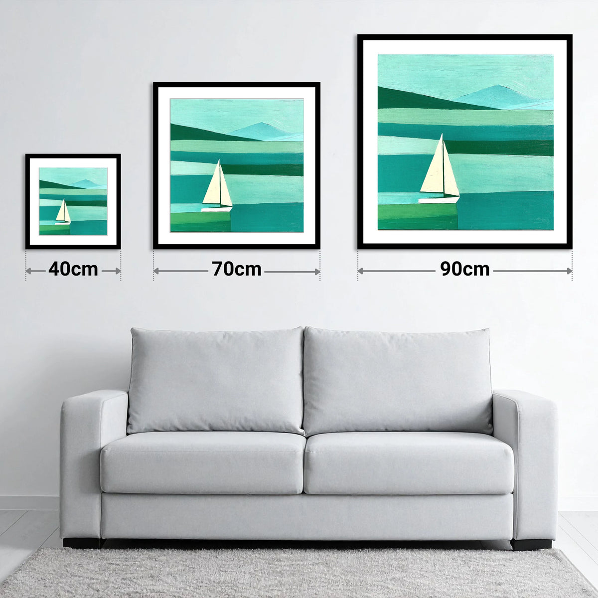 White Sailboat on a Teal Lake - size guide showing 40cm, 70cm and 90cm art prints