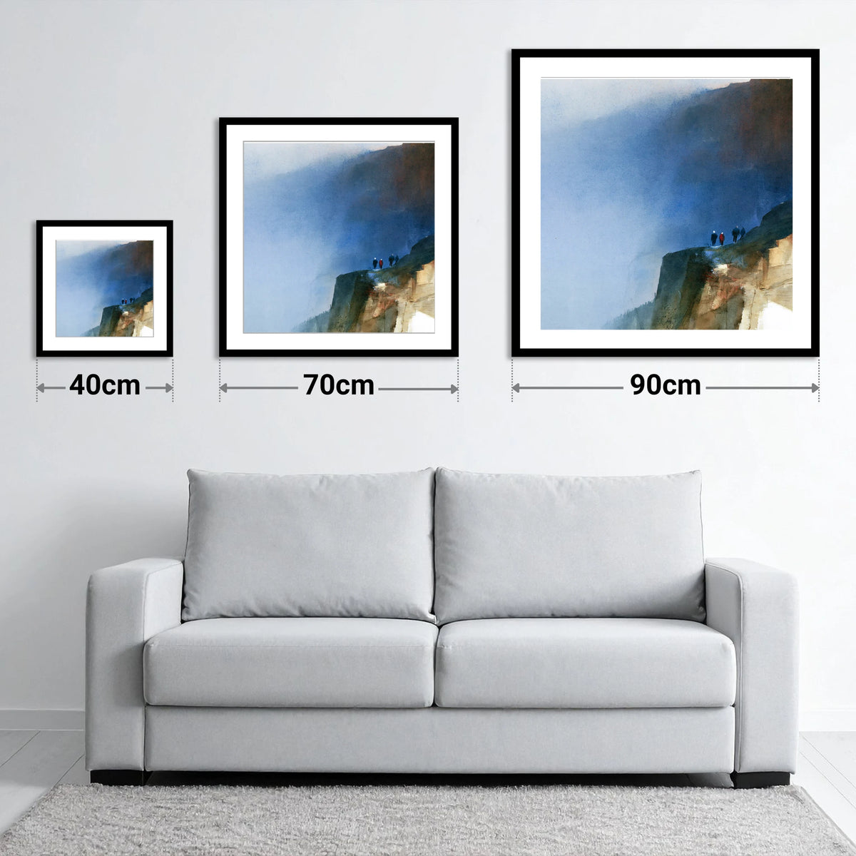 Walkers on a Dramatic Mountain Path - size guide showing 40cm, 70cm and 90cm art prints