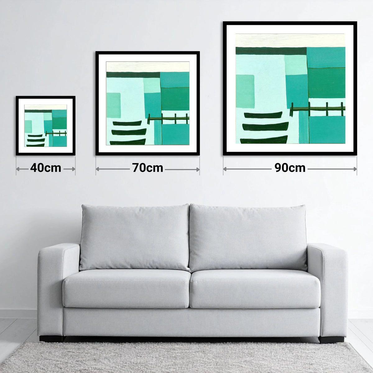 Abstract Teal Windermere Boats - size guide showing 40cm, 70cm and 90cm art prints
