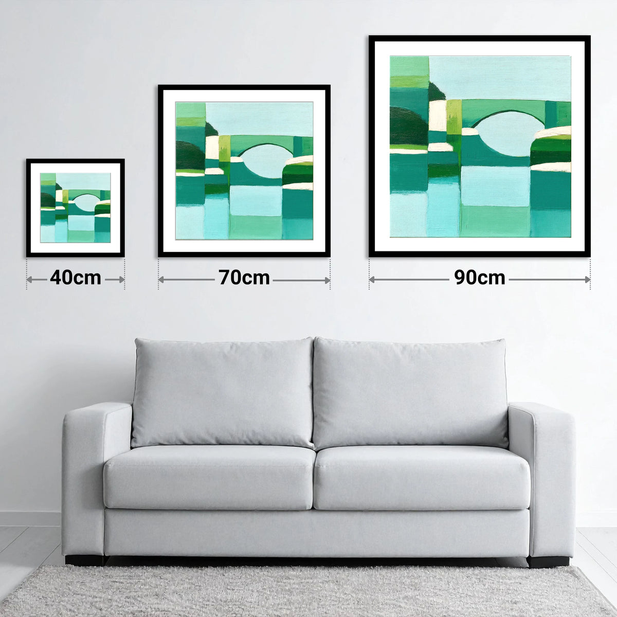 Pooley Bridge in Geometric Teal - size guide showing 40cm, 70cm and 90cm art prints