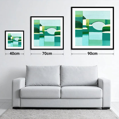Pooley Bridge in Geometric Teal - size guide showing 40cm, 70cm and 90cm art prints