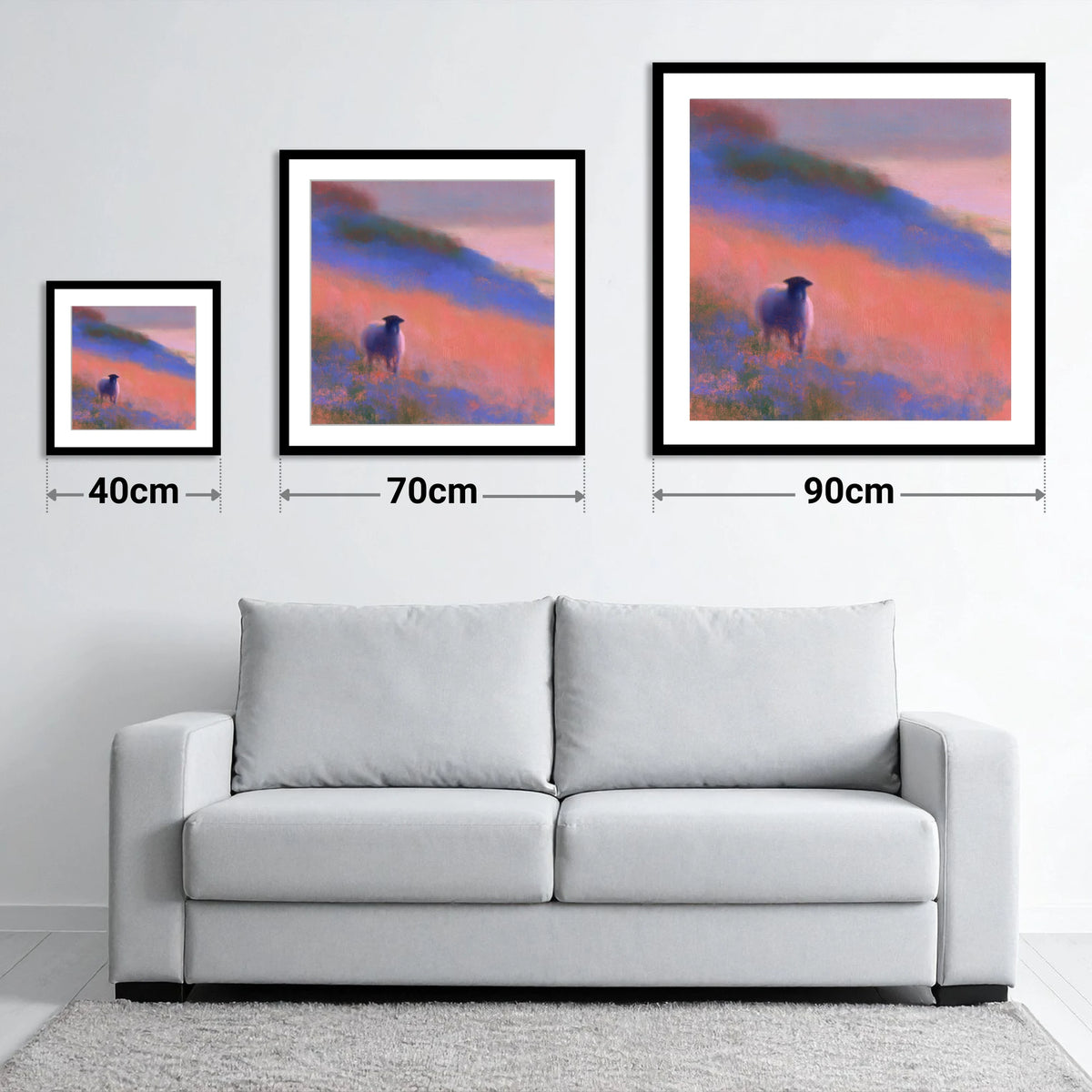 Herdwick Sheep in Twilight Mist - size guide showing 40cm, 70cm and 90cm art prints
