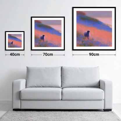 Herdwick Sheep in Twilight Mist - size guide showing 40cm, 70cm and 90cm art prints