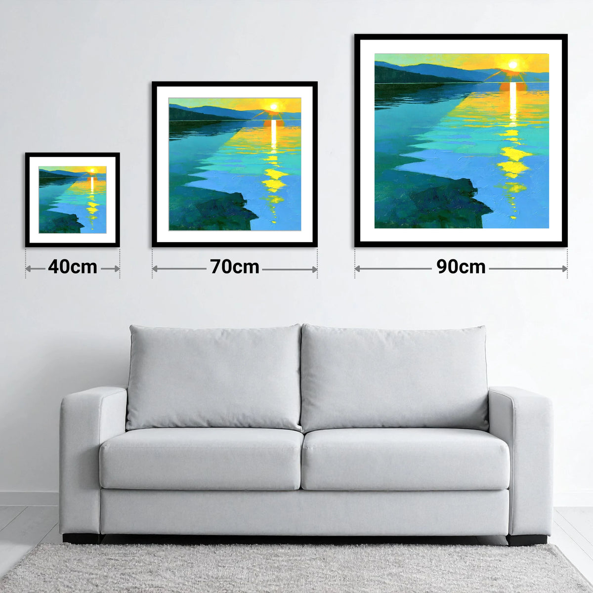 Ultramarine Sunset Over the Lake - size guide showing 40cm, 70cm and 90cm art prints