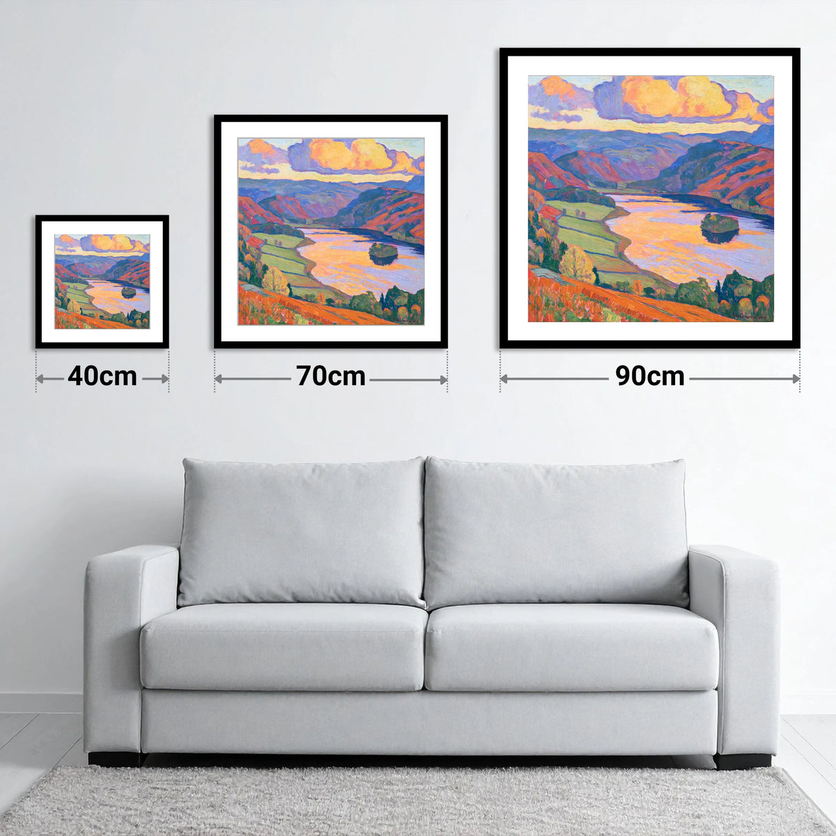 Rydal Water Under Vivid Skies - size guide showing 40cm, 70cm and 90cm art prints