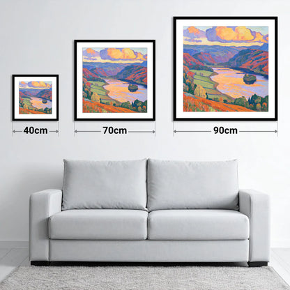 Rydal Water Under Vivid Skies - size guide showing 40cm, 70cm and 90cm art prints
