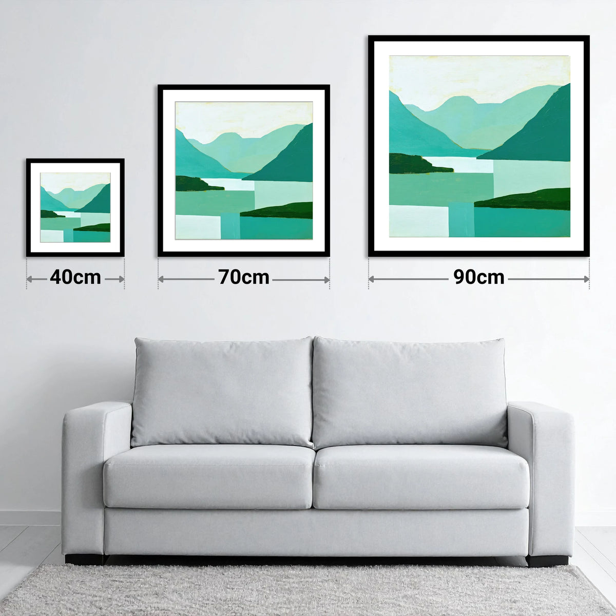 Wasdale Valley in Geometric Teal - size guide showing 40cm, 70cm and 90cm art prints