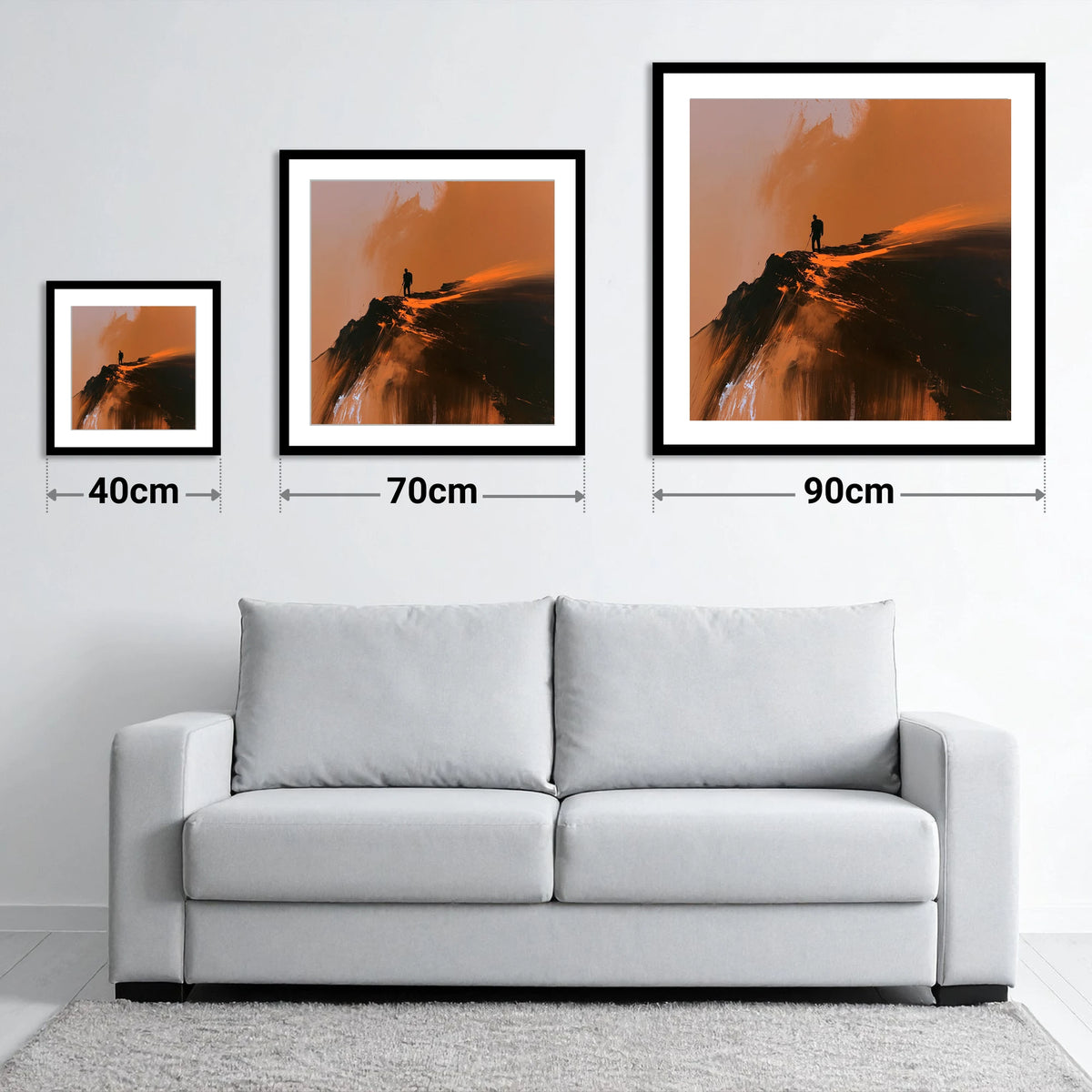 Helvellyn Walker in Amber Light - size guide showing 40cm, 70cm and 90cm art prints