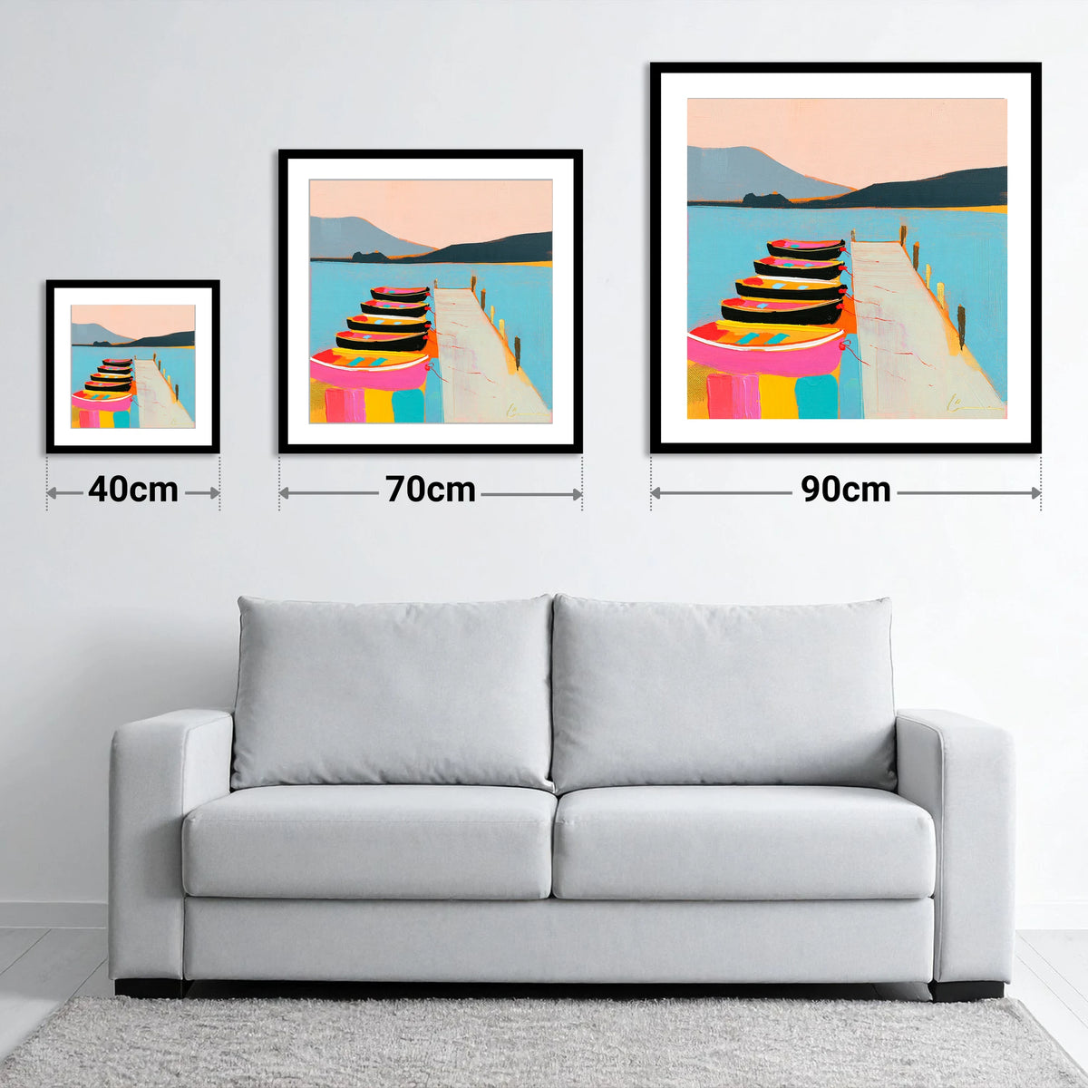 Vibrant Moored Boats on Windermere - size guide showing 40cm, 70cm and 90cm art prints