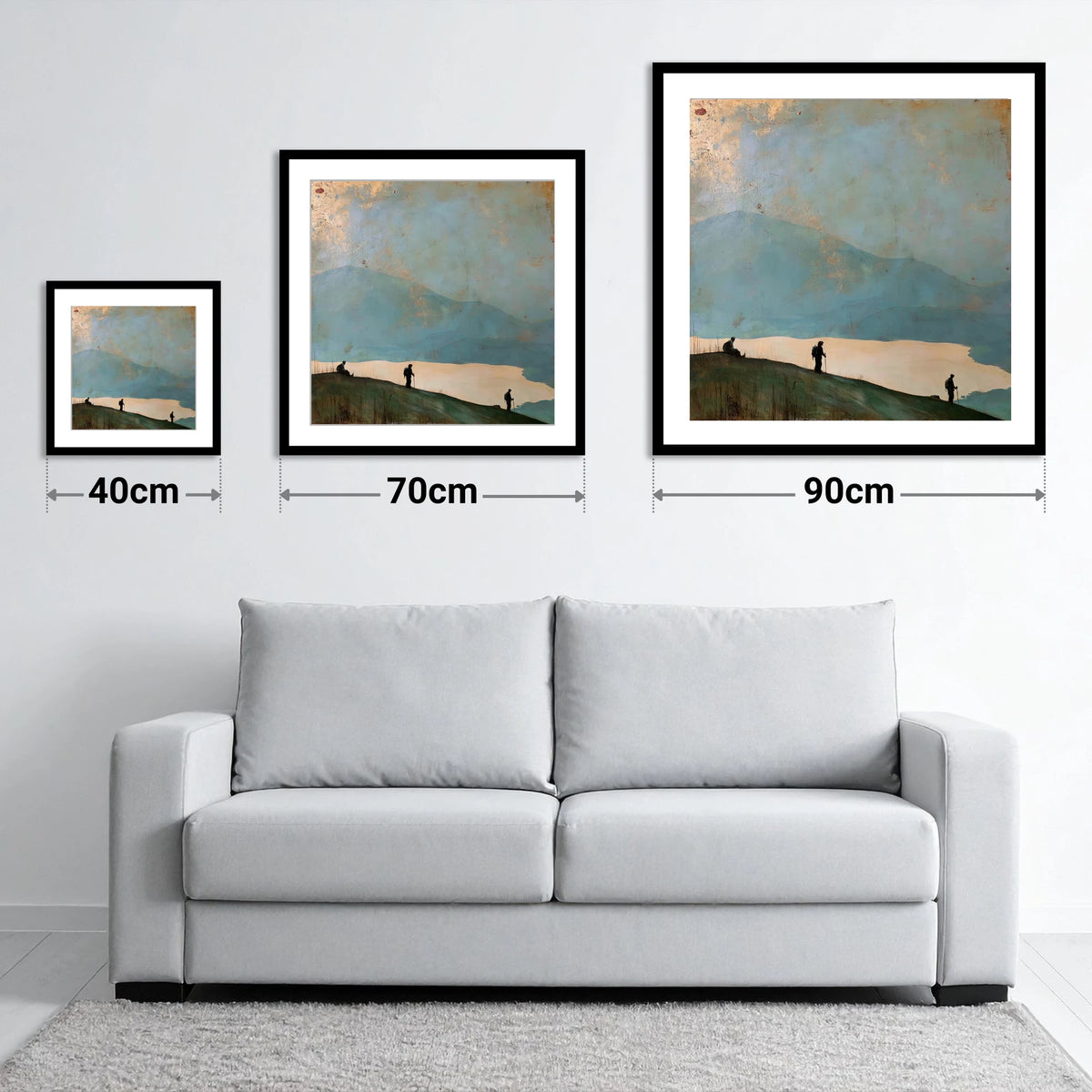 Silhouetted Walkers on Catbells - size guide showing 40cm, 70cm and 90cm art prints
