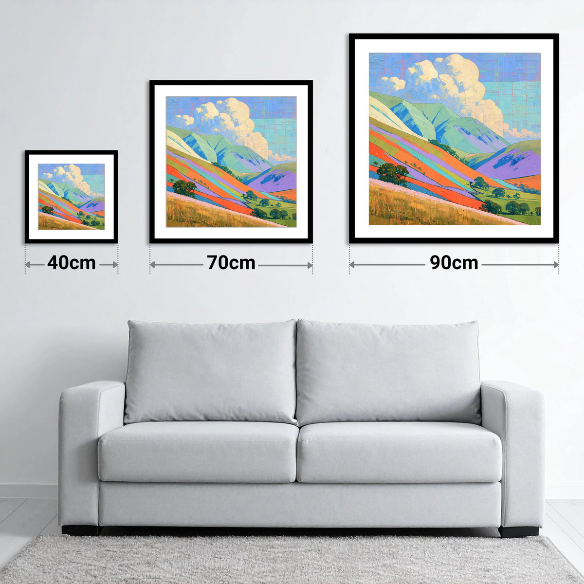 Vivid Colours on Rolling Fells - size guide showing 40cm, 70cm and 90cm art prints