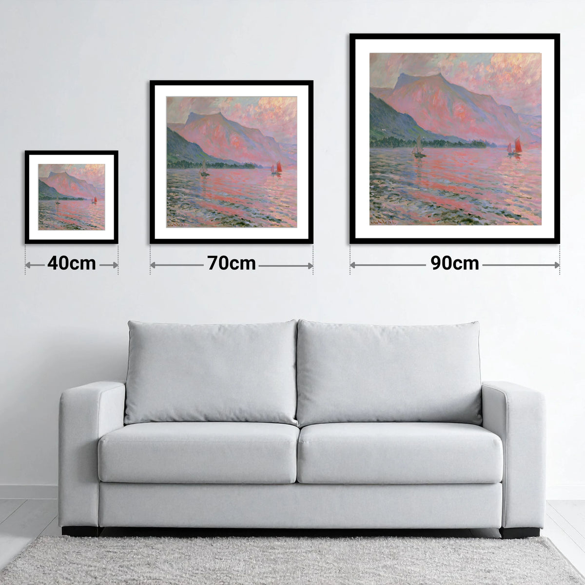 Sunset Sailboats on Windermere - size guide showing 40cm, 70cm and 90cm art prints