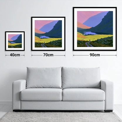 Lone Hiker in Vibrant Fells - size guide showing 40cm, 70cm and 90cm art prints