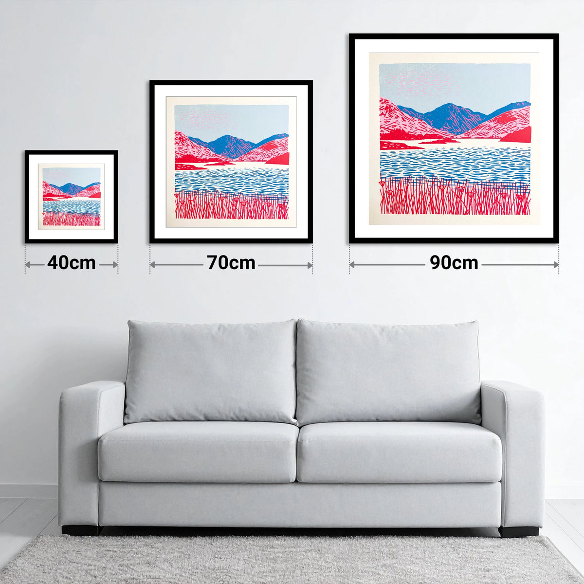 Vibrant Pink Fells and Lake - size guide showing 40cm, 70cm and 90cm art prints