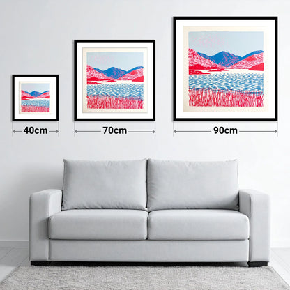 Vibrant Pink Fells and Lake - size guide showing 40cm, 70cm and 90cm art prints