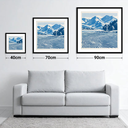 Ennerdale Water in Cobalt Blue - size guide showing 40cm, 70cm and 90cm art prints