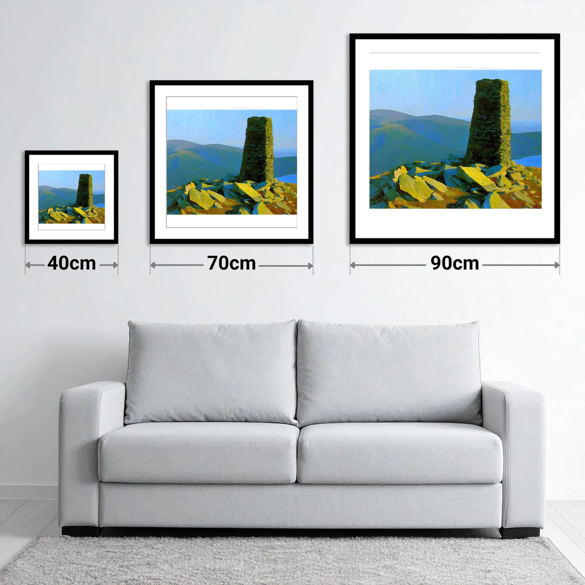 Sunlit Beacon on Thornthwaite Crag - size guide showing 40cm, 70cm and 90cm art prints