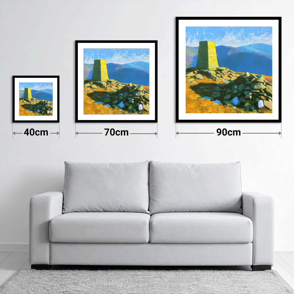 Sunlit Binsey Summit Trig Pillar - size guide showing 40cm, 70cm and 90cm art prints