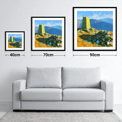 Sunlit Binsey Summit Trig Pillar - size guide showing 40cm, 70cm and 90cm art prints
