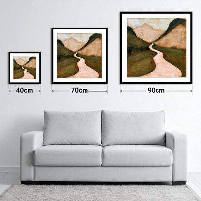 Winding Mountain Pass in Warm Tones - size guide showing 40cm, 70cm and 90cm art prints