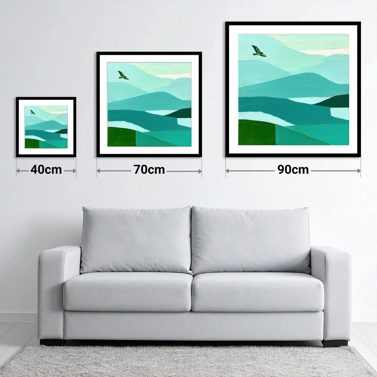 Buzzard Over Teal Fells - size guide showing 40cm, 70cm and 90cm art prints