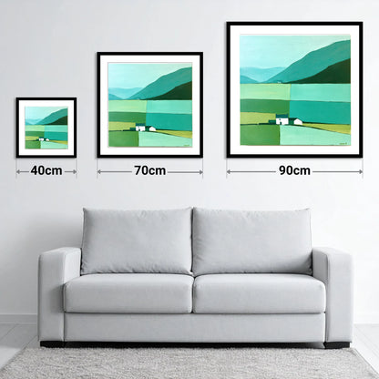 Grasmere Valley in Teal and Mint - size guide showing 40cm, 70cm and 90cm art prints