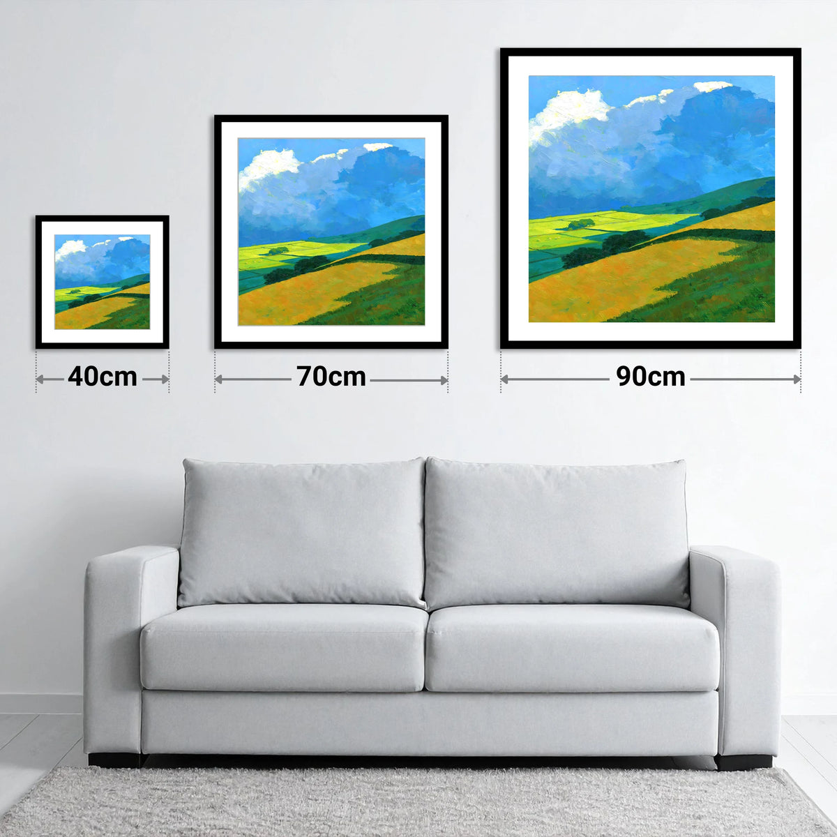 Rolling Fells and Stormy Skies - size guide showing 40cm, 70cm and 90cm art prints