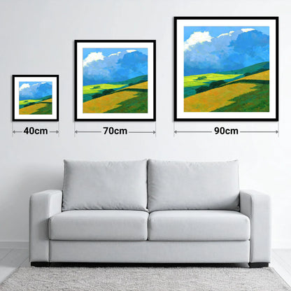 Rolling Fells and Stormy Skies - size guide showing 40cm, 70cm and 90cm art prints