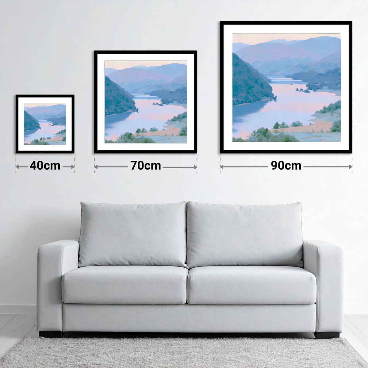 Winding Ullswater at Dawn - size guide showing 40cm, 70cm and 90cm art prints