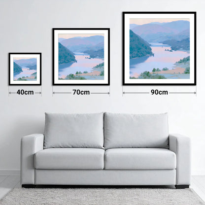 Winding Ullswater at Dawn - size guide showing 40cm, 70cm and 90cm art prints