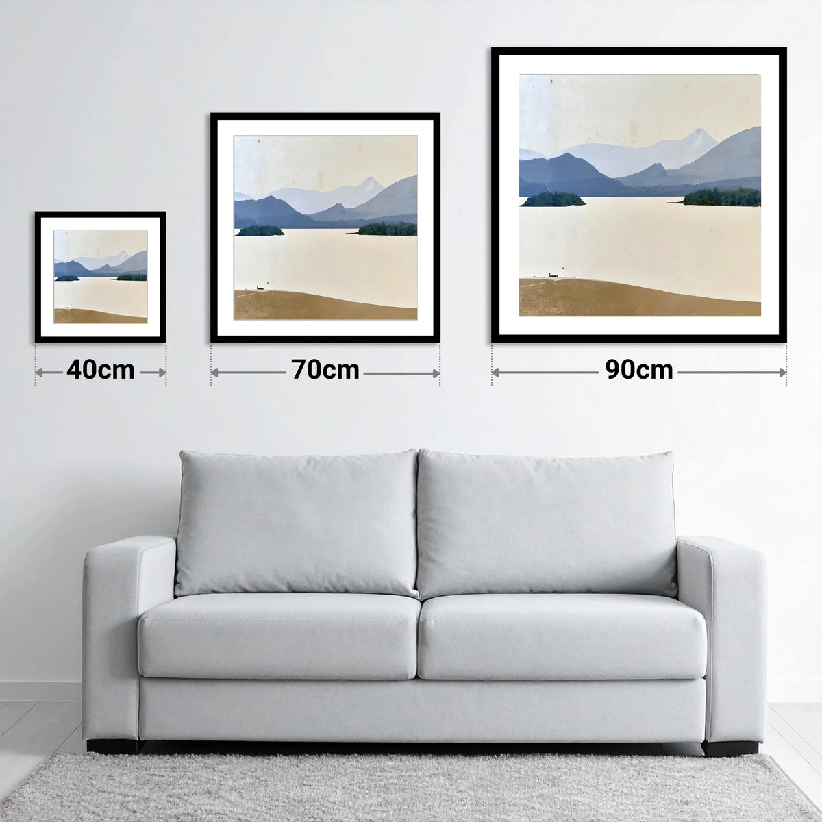 Pale Derwentwater From Crow Park - size guide showing 40cm, 70cm and 90cm art prints