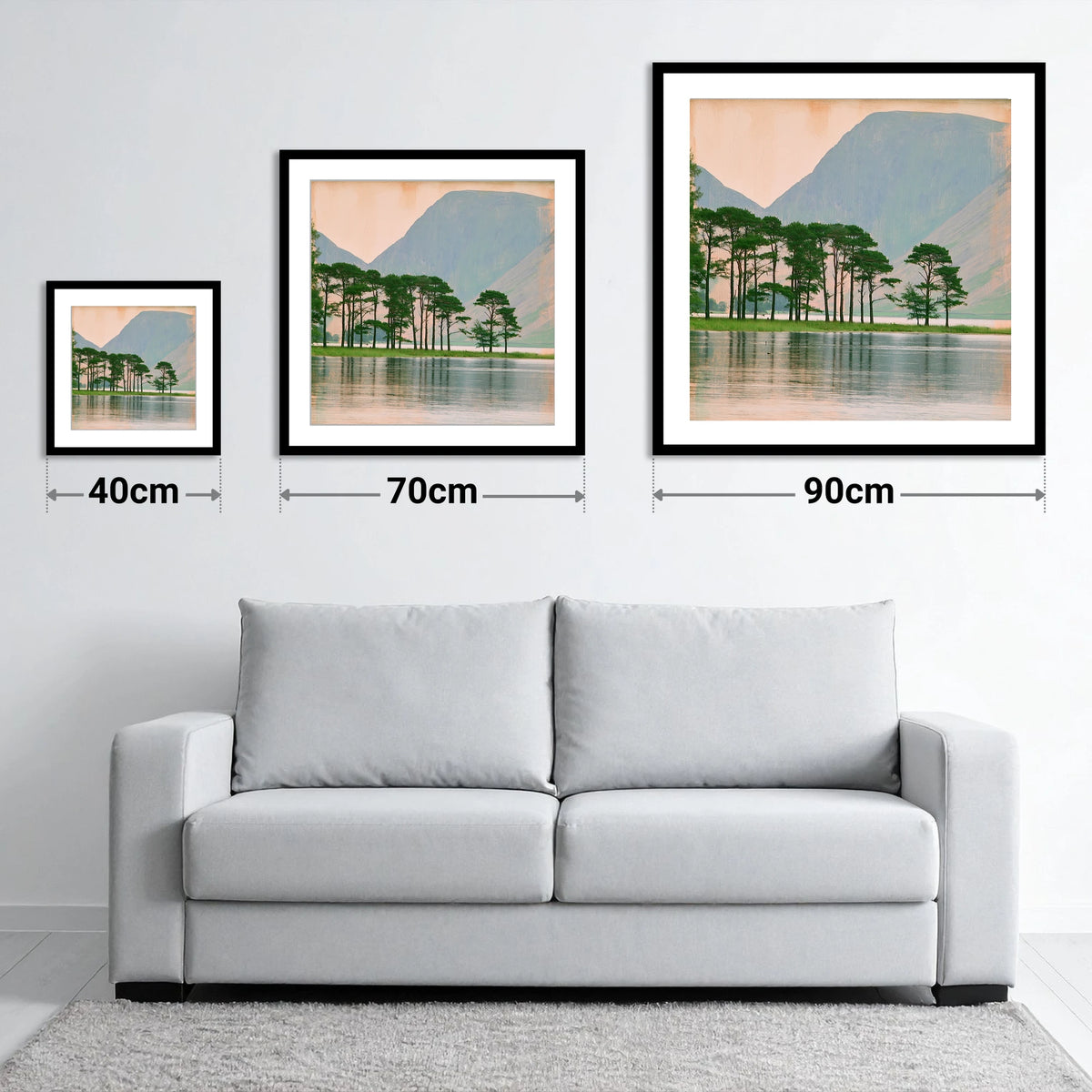 Buttermere Pines in Still Water - size guide showing 40cm, 70cm and 90cm art prints