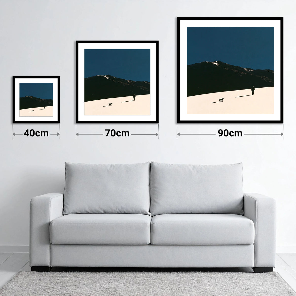 Silhouetted Dog Walker on Skiddaw - size guide showing 40cm, 70cm and 90cm art prints