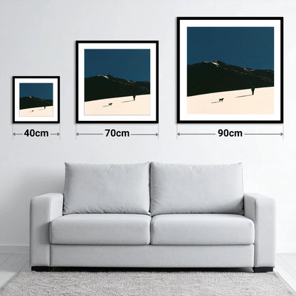 Silhouetted Dog Walker on Skiddaw - size guide showing 40cm, 70cm and 90cm art prints