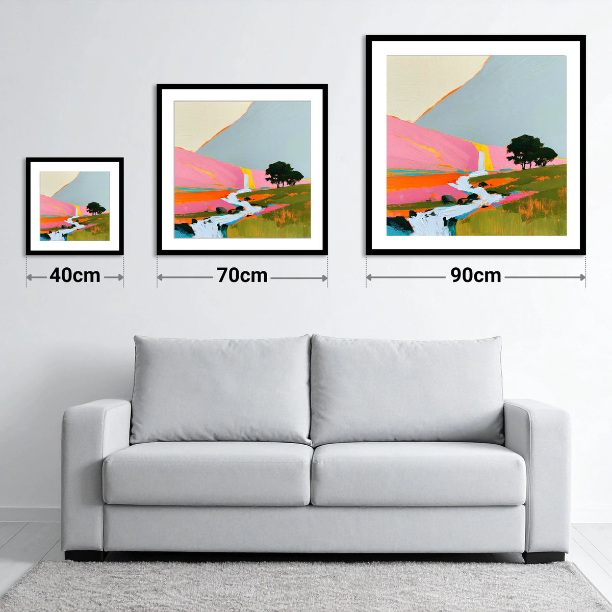 Bright Pink Fellside Beck - size guide showing 40cm, 70cm and 90cm art prints