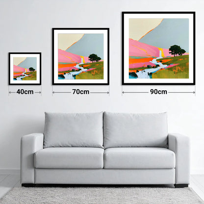 Bright Pink Fellside Beck - size guide showing 40cm, 70cm and 90cm art prints