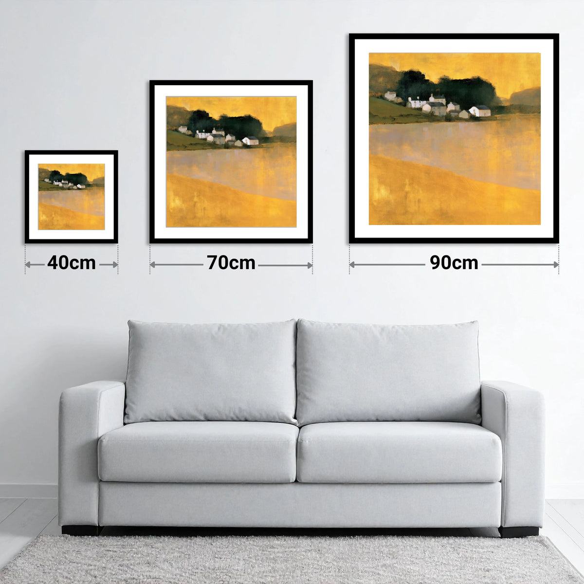 Lakeside Village in Golden Ochre - size guide showing 40cm, 70cm and 90cm art prints