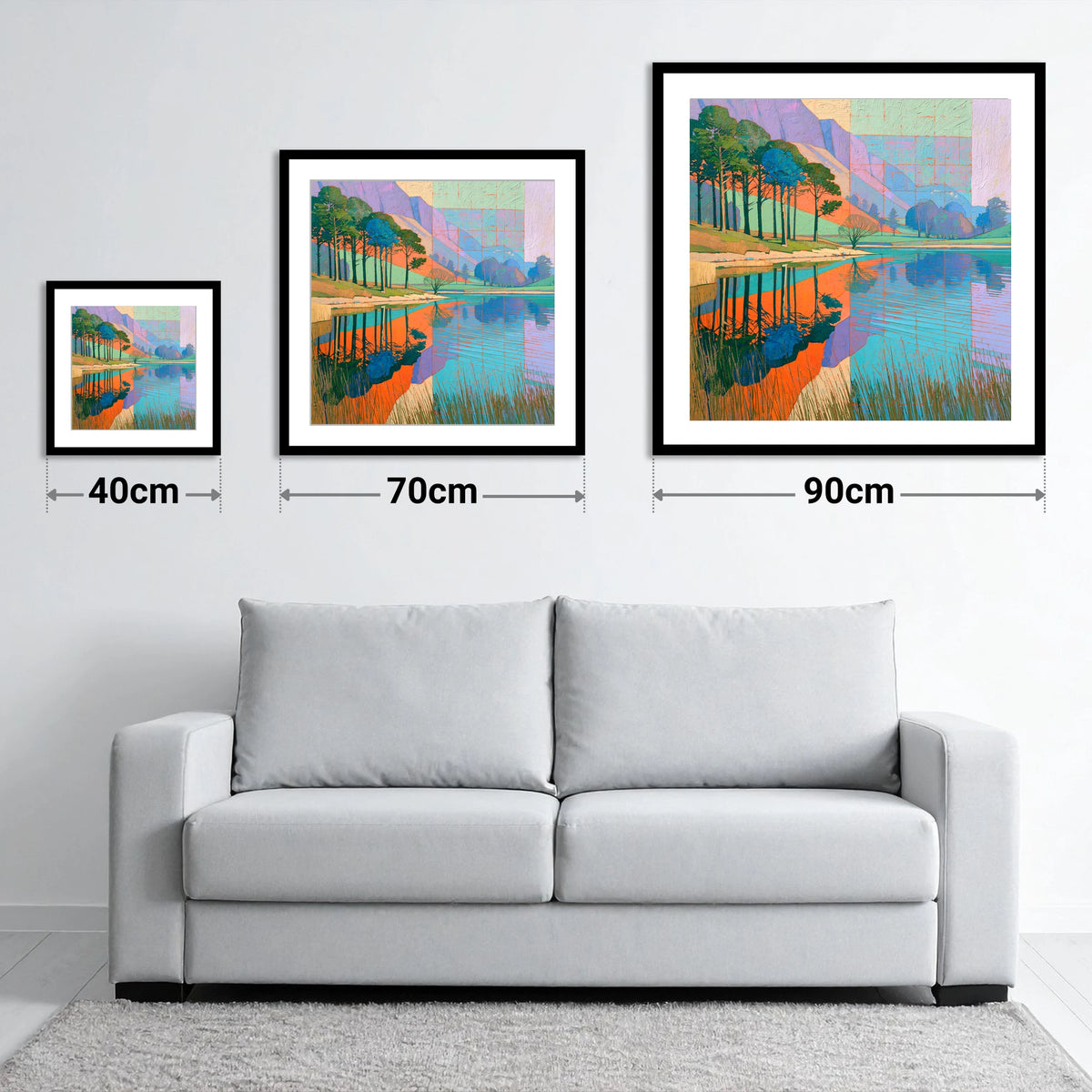 Bold Pine Tree Reflections - size guide showing 40cm, 70cm and 90cm art prints