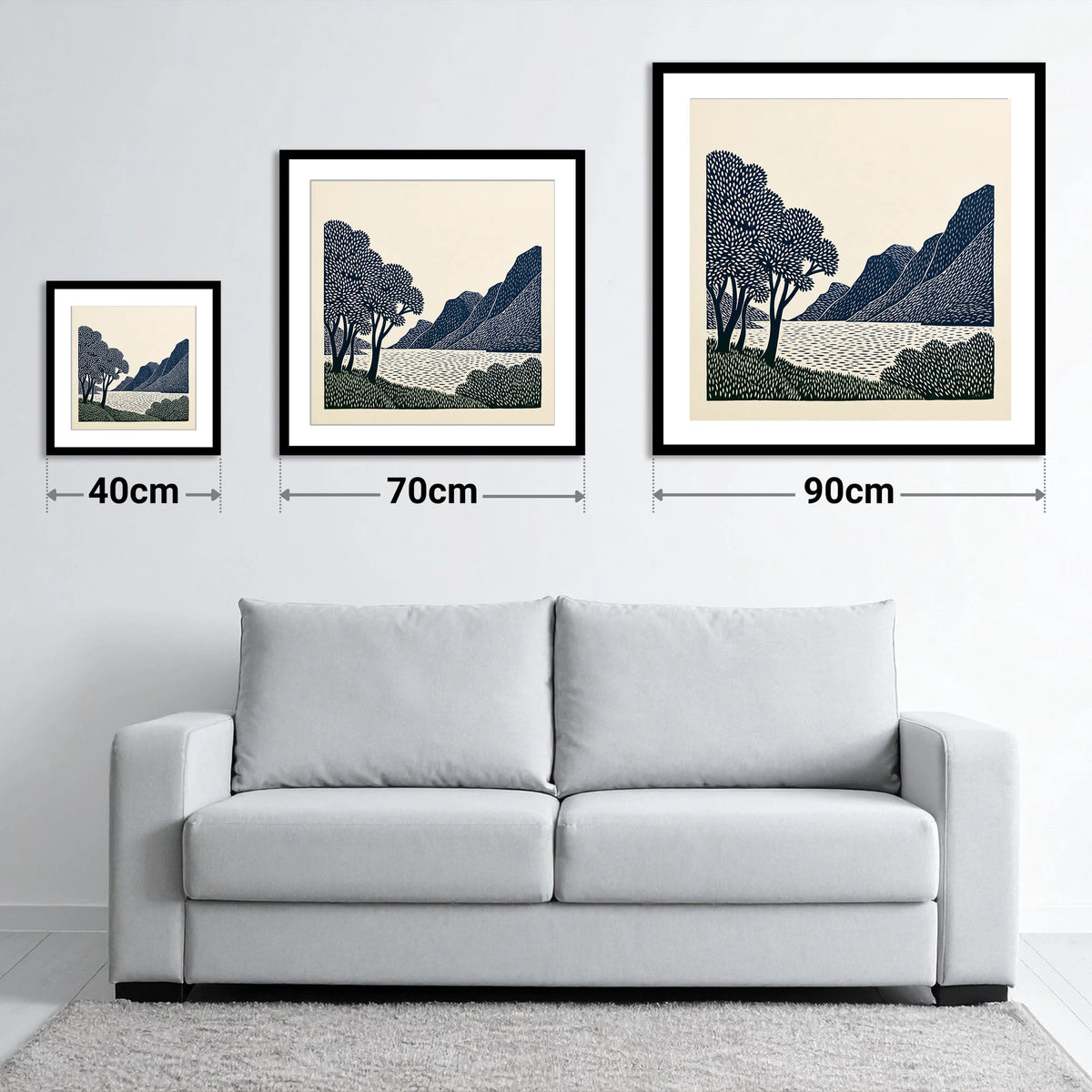 Navy Fells at Crummock Water - size guide showing 40cm, 70cm and 90cm art prints