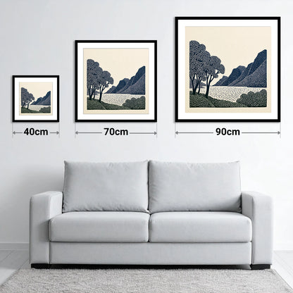 Navy Fells at Crummock Water - size guide showing 40cm, 70cm and 90cm art prints