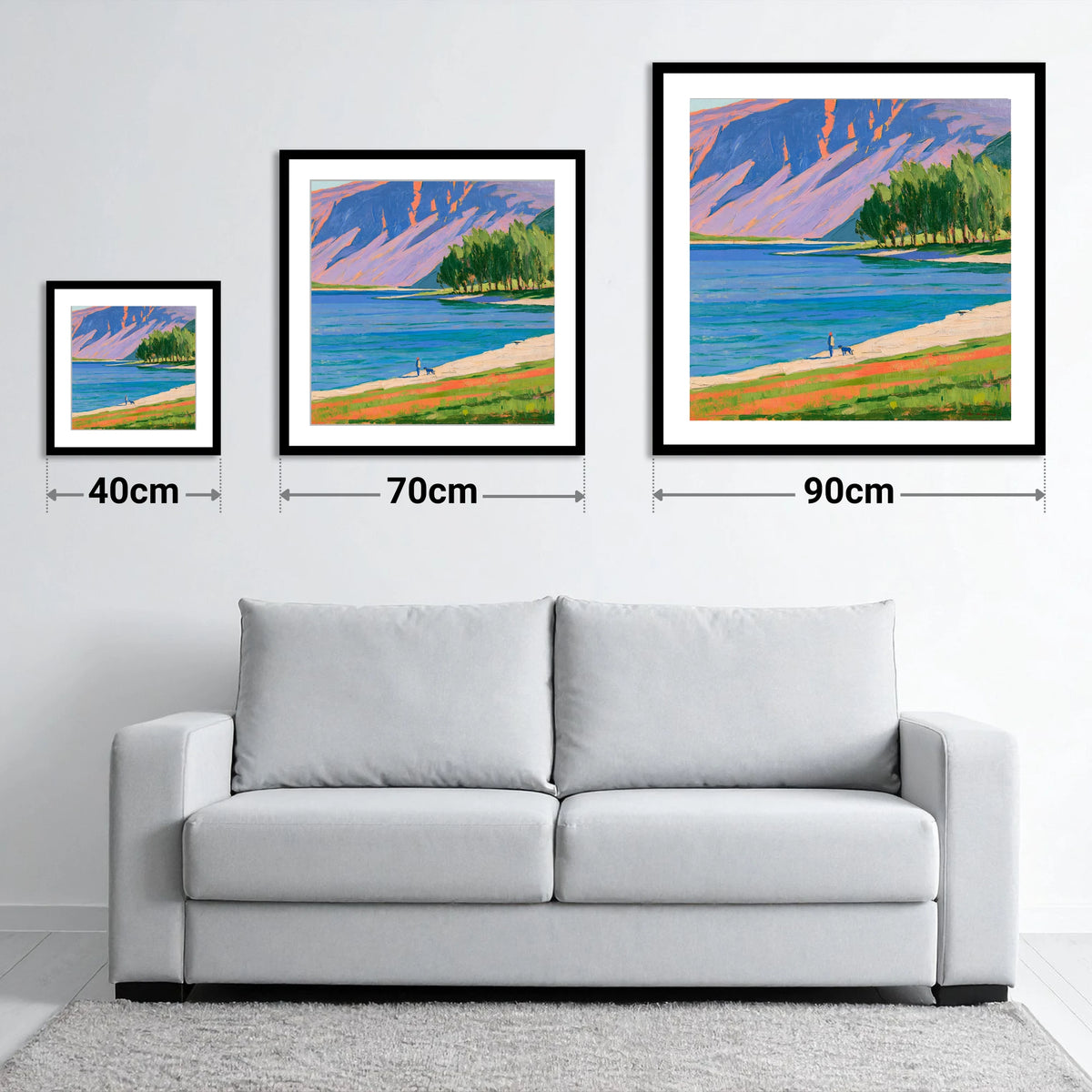 Dog Walker at Vibrant Buttermere - size guide showing 40cm, 70cm and 90cm art prints