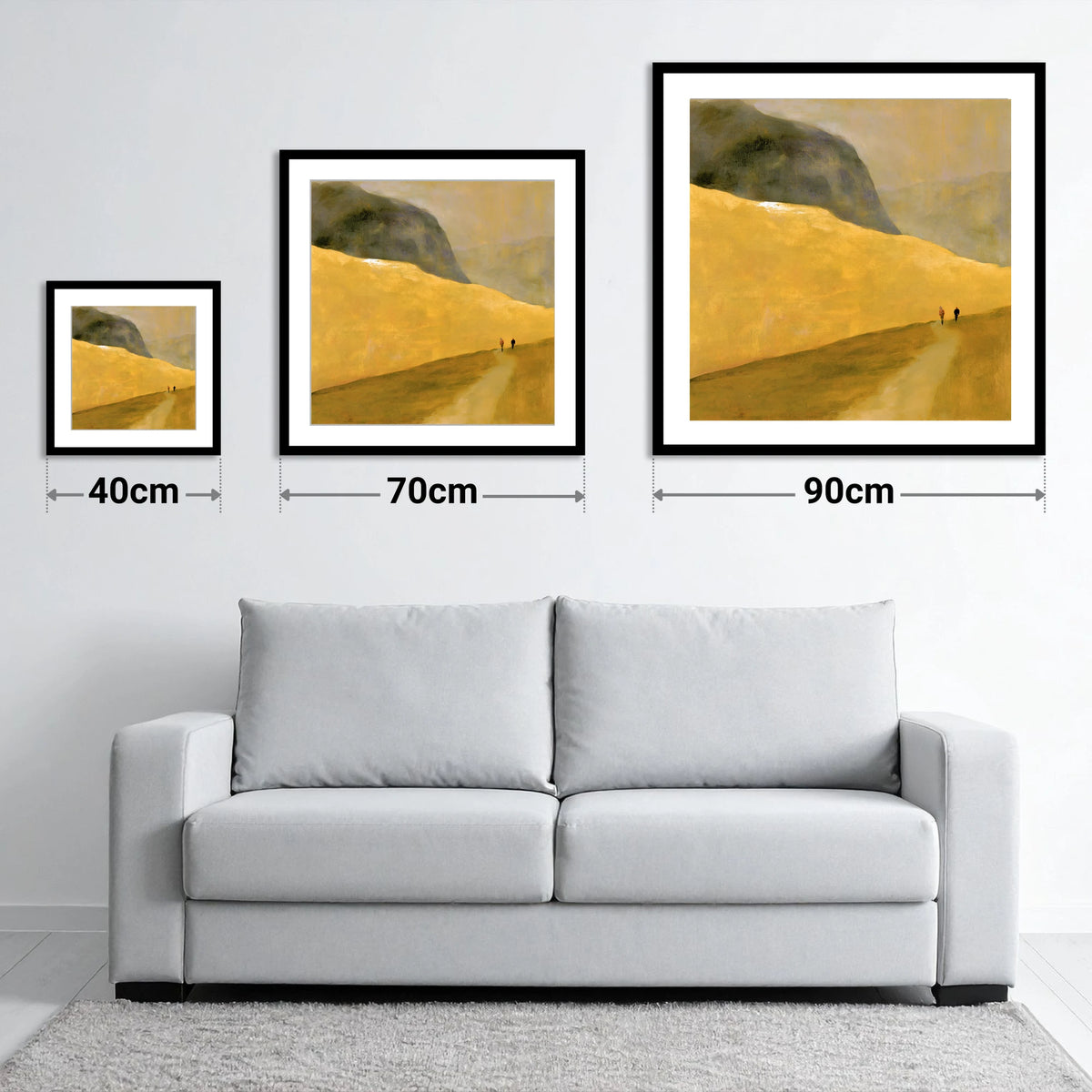 Walkers on a Golden Fell - size guide showing 40cm, 70cm and 90cm art prints